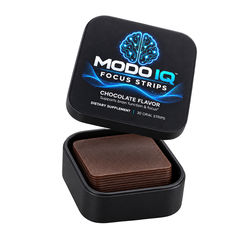 MODO IQ Focus Strips tin open with chocolate strips